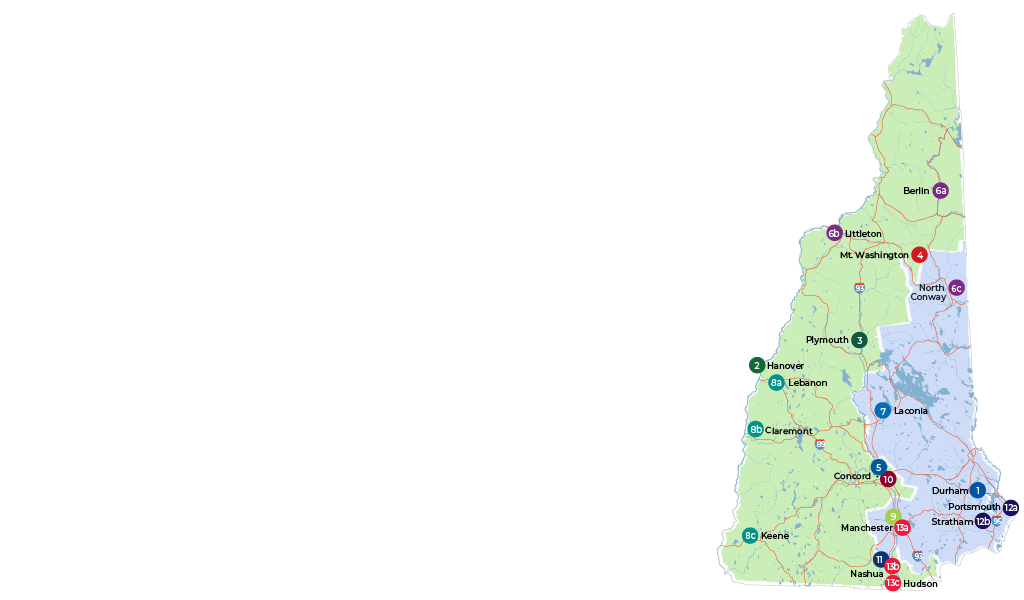 Map of New Hampshire with NHSGC affiliates highlighted with various colored circles