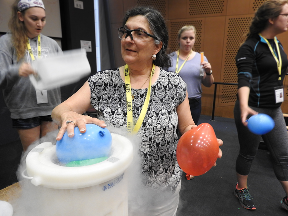 Carmela Amato-Wierda performs a demonstration with liquid nitrogen for Tech Camp attendees