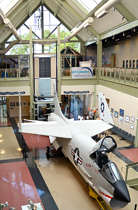 MSDC interior from the second floor, highlighting a fighter jet on the ground floor