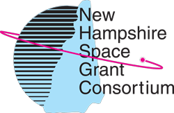 New Hampshire Space Grant Consortium logo: a pink dot orbits the state in light blue with a striped semicircular backdrop