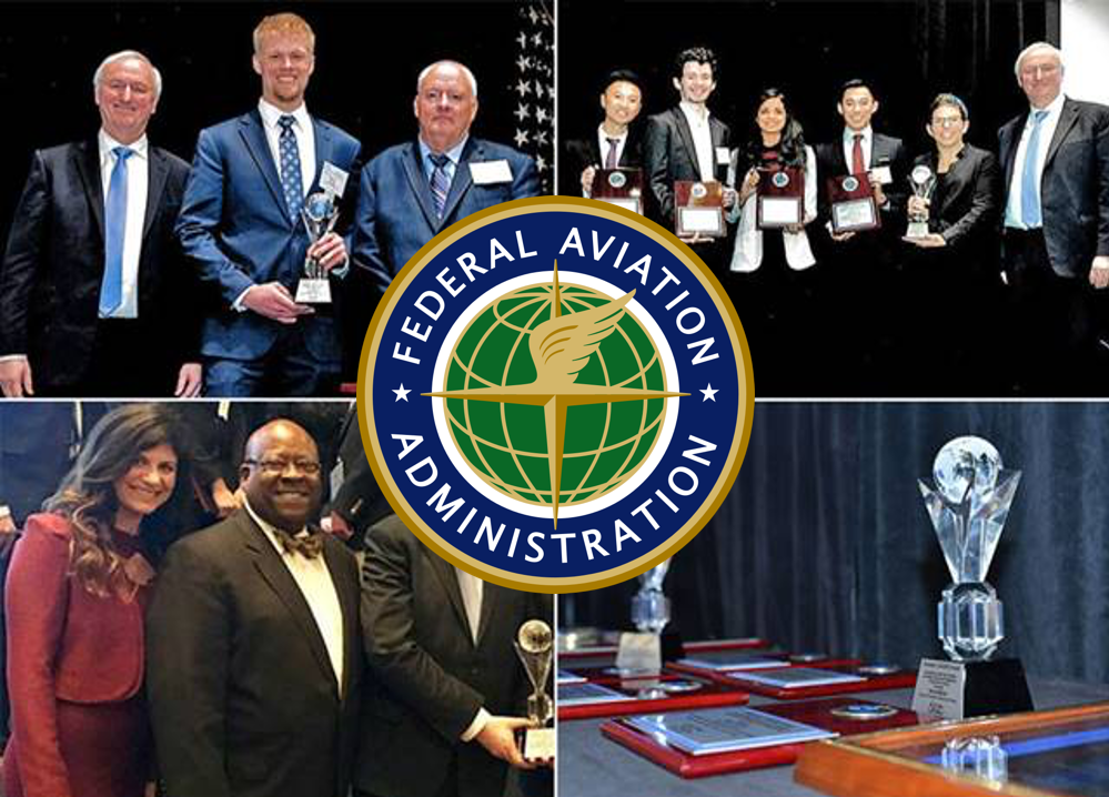 Four panels depict past RAISE award winners holding their trophies, with members of the awarding committees, surrounding the logo of the Fedreal Aviation Administration