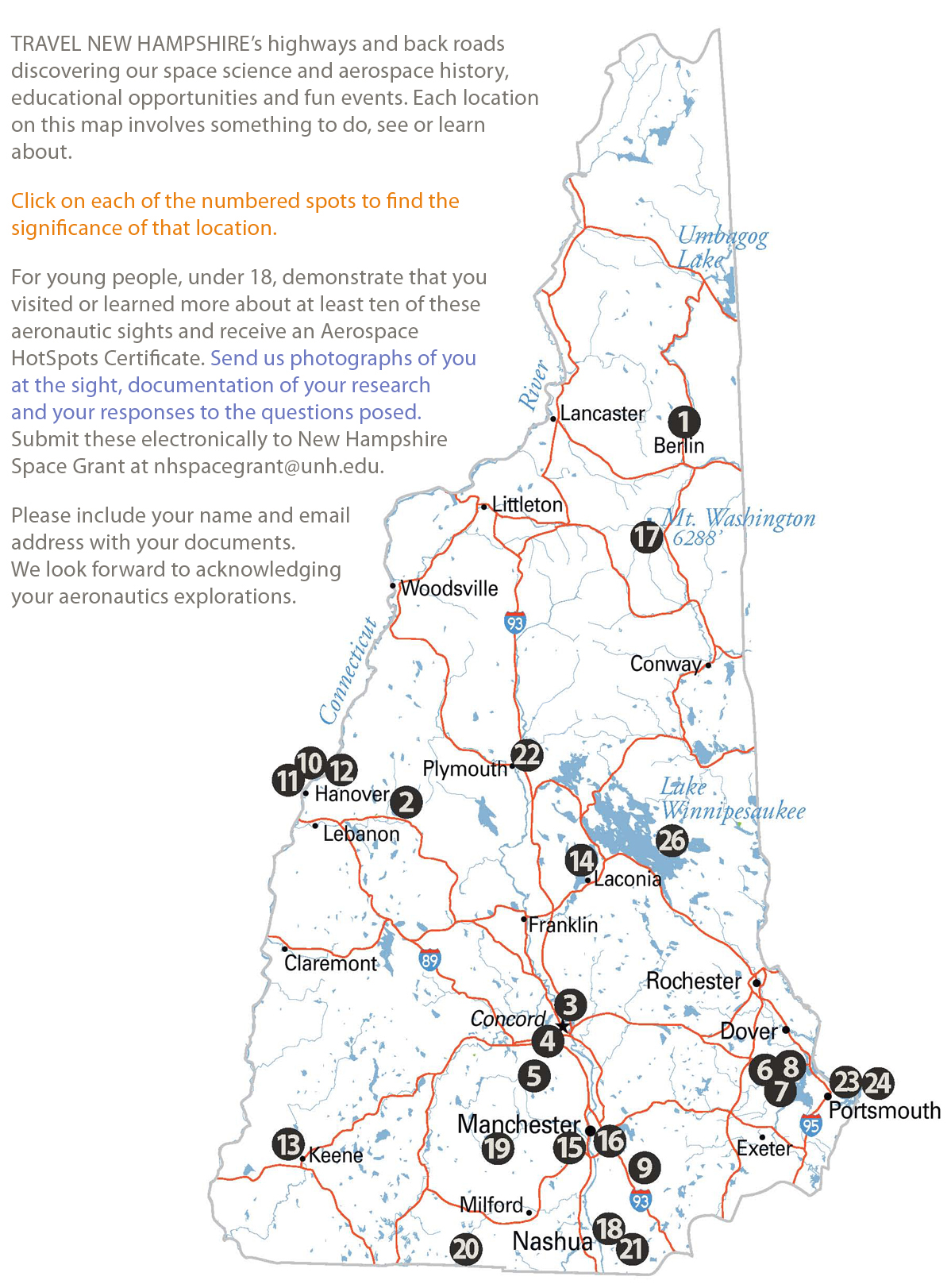 State of New Hampshire map with points of space science and aerospace interest labeled (descriptions below)
